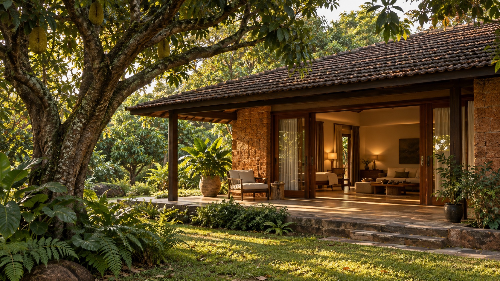 A warm cottage verandah under a leafy jackfruit tree