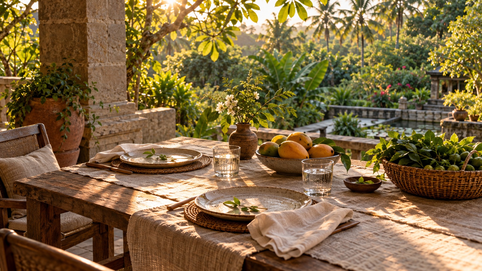 A quiet farm-to-table meal on a garden verandah at golden hour