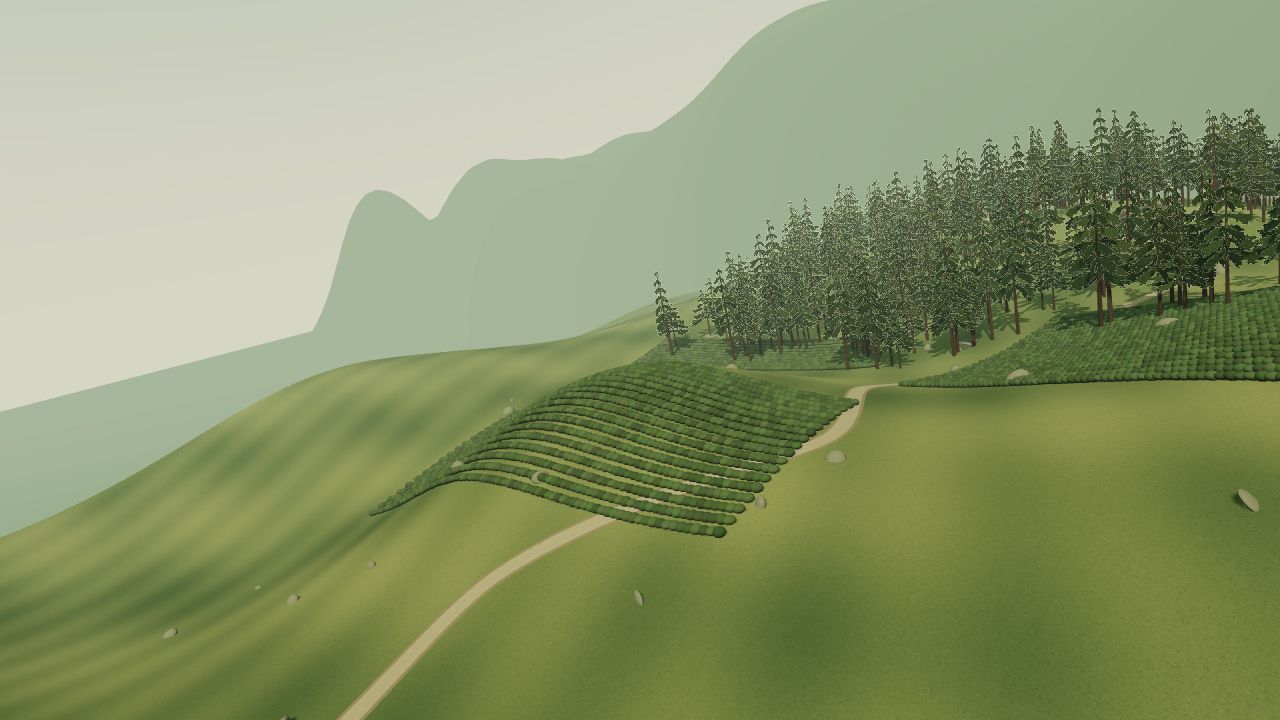 Rolling tea terraces and a pine-covered hillside in the aerial journey